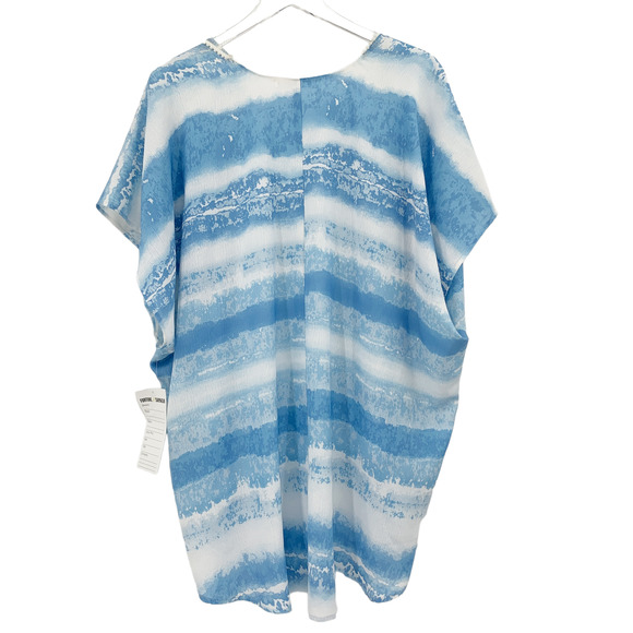 2/$30 FORTUNE Swimwear Cover Up One Size Blue White Pom Pom Kimono Open Front - Picture 6 of 7